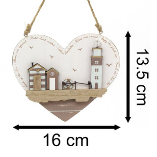 Heart Shaped Beach Hut Plaque | Hanging Beach Hut Sign Nautical Wall Art - 16cm