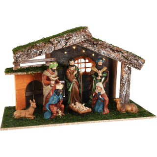 LED Traditional Christmas Nativity Set & 8 Detailed Figures Stable Crib Scene