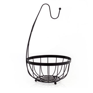 Black Flat Iron Fruit Basket With Banana Hanger | Metal Fruit Bowl With Banana Hook | Wire Vegetable Rack Fruit Bowl With Banana Tree