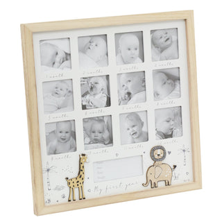 Wooden 12-Aperture Keepsake New Baby Photo Frame for First Year Memories