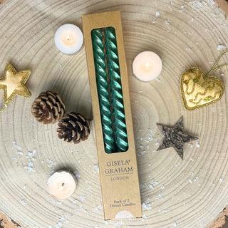 Pair of Metallic Green Twist Dinner Candles | 2 Christmas Taper Candles - 25cm