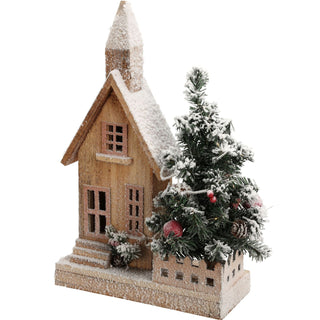 LED Wooden Christmas House with Tree | Snow-Covered Light Up Village House 44cm