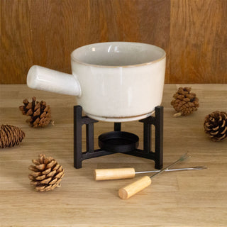 Stoneware Fondue Set | Ceramic Chocolate Tea Light Fondue Pot with 2 Forks