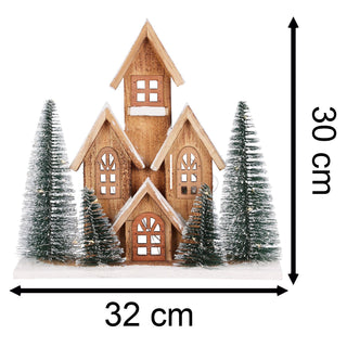 LED Wooden Christmas House with Bottle Brush Trees | Light Up Ornament - 30cm