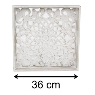 Whitewashed Carved Square Tray | Shabby Chic Display Tray | Ornate Wooden Tray - 36cm