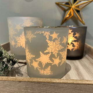 Snowflake Tealight Holder | Frosted Glass Christmas Tea Light Candle Holder 8cm