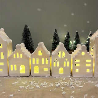 10cm White Ceramic LED Christmas House | Light - Up Ornament | Design Varies