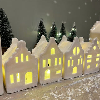 10cm White Ceramic LED Christmas House | Light - Up Ornament | Design Varies