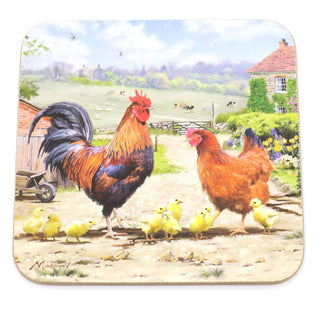 Set Of 4 Cockerel & Hen Coasters | Country Farm Drink Coasters Set | Countryside Cup Mug Table Mats