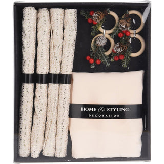 12 - Piece Christmas Table Set | 4 Napkins Placemats & Festive Wooden Napkin Rings