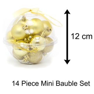 14 Piece Gold Mini Christmas Tree Bauble Box | Xmas Hanging Balls Christmas Tree Ornaments Decorations | Set Of Baubles