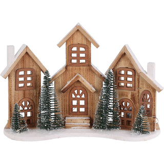 Rustic Wooden LED Christmas Village Scene | Light-Up Christmas Houses - 38x27cm