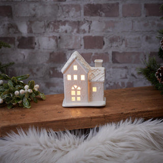 Ceramic Christmas LED House Ornament with Diamond Roof | Light-Up Decoration