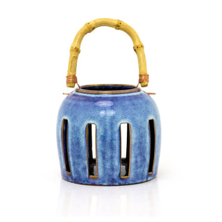 Ceramic Candle Lantern With Bamboo Handle | Hanging Tealight Holder - 13x13cm