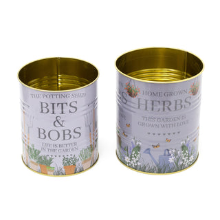 Set Of 2 Potting Shed Retro Metal Storage Tins | Decorative Garden Display Can | Grey Vintage Metal Tin Cans