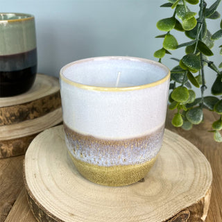 Unscented Candle & Ceramic Holder | White Wax Candle in Ombre Glaze Pot - 10x6cm