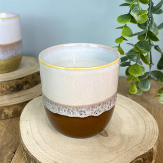 Unscented Candle & Ceramic Holder | White Wax Candle in Ombre Glaze Pot - 10x6cm