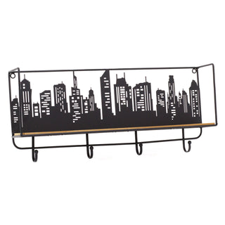 50cm City Skyline Wall Mounted Wooden Display Shelf With Hooks | Industrial Black Metal Storage Shelf | Urban Cityscape Wall Shelf