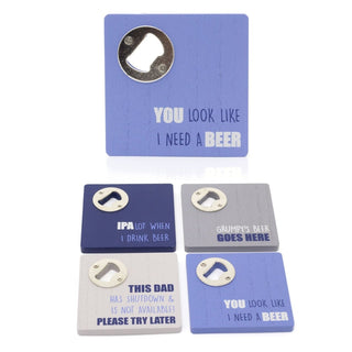 2 In 1 Beer Bottle Opener Coaster Dad Coaster | Wooden Bottle Opener Beer Mat | Novelty Coaster Bottle Top Opener - Design Varies One Supplied