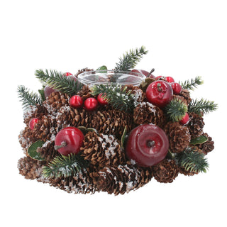 Christmas Tealight Candle Holder | Pinecone & Fruit Wreath Centrepiece - 16cm