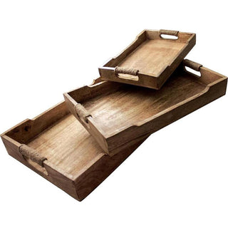 Set of 3 Mango Wood Serving Trays | 3 Wooden Kitchen Trays with Rope Handles