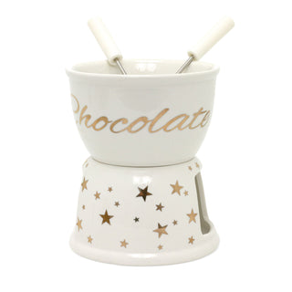 Chocolate Fondue Set | White Ceramic Tea Light Candle Fondue Pot with 2 Forks