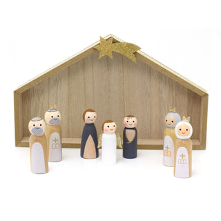 7-Piece Wooden Christmas Nativity Scene with Mini Peg Figures & Stable - 23.5cm