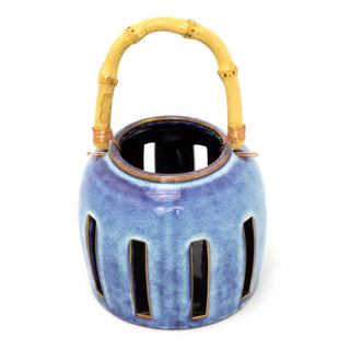 Ceramic Candle Lantern With Bamboo Handle | Hanging Tealight Holder - 13x13cm