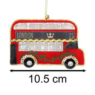 London Bus Christmas Bauble | Luxury Fabric Red Double Decker Ornament - 10.5cm