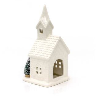 Christmas Church Tealight Candle Holder | White Ceramic Chapel Ornament - 22cm