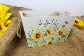 Shabby Chic Floral Bee Crate Hamper | Decorative Grey Bee Tidy Wooden Crate | Honey Bee Storage Box With Handles