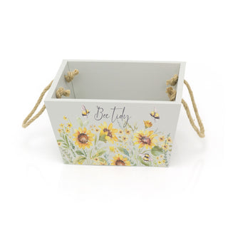 Shabby Chic Floral Bee Crate Hamper | Decorative Grey Bee Tidy Wooden Crate | Honey Bee Storage Box With Handles