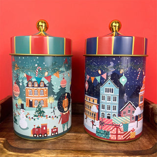 Round Christmas Storage Tin | Festive Carousel Cookie Biscuit Tin - 18cm