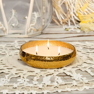 3 Wick Vanilla Scented Candle & Holder | Gold Metal Bowl and Candle - 16cm