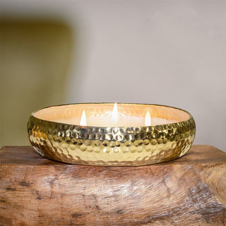 3 Wick Vanilla Scented Candle & Holder | Gold Metal Bowl and Candle - 16cm