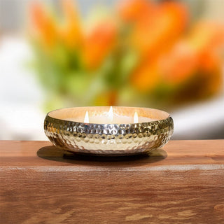 3 Wick Vanilla Scented Candle & Holder | Silver Metal Bowl and Candle - 16cm