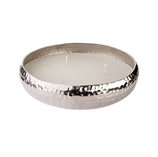 3 Wick Vanilla Scented Candle & Holder | Silver Metal Bowl and Candle - 16cm