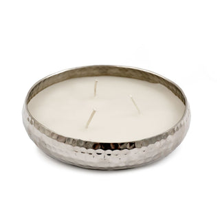 3 Wick Vanilla Scented Candle & Holder | Silver Metal Bowl and Candle - 16cm