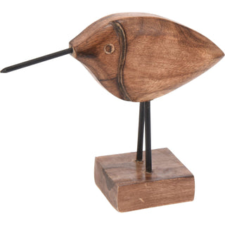 Rustic Wooden Bird Ornament | Decorative Mango Wood & Metal Bird Statue