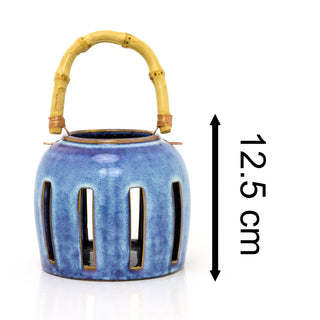 Ceramic Candle Lantern With Bamboo Handle | Hanging Tealight Holder - 13x13cm