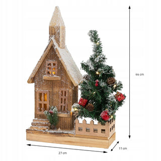 LED Wooden Christmas House with Tree | Snow-Covered Light Up Village House 44cm