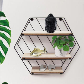 Modern Black Metal Wire Hexagon Wall Shelf | Wall Mounted Multi Shelf Storage Organiser Unit | Wall Display Unit 3 Tier Shelving Unit Shelves For Wall