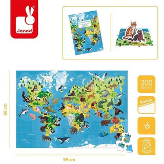 Janod Endangered Animals Puzzle | 200 Pc 3D Animal World Map Educational Jigsaw