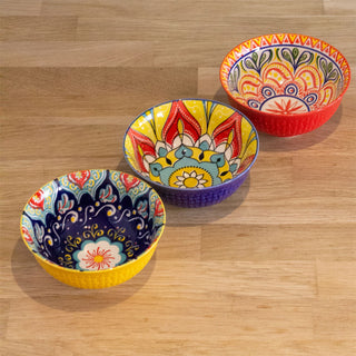 Set of 3 Bohemian Style Patterned Bowls | Ceramic Tapas Bowls Serving Bowls 12cm