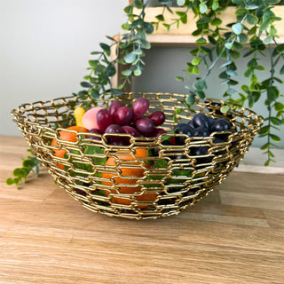 Gold Metal Chain Link Bowl | Round Decorative Gold Effect Display Dish - 26cm