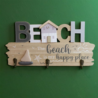 Beach Wooden Plaque with Hooks |The Beach is My Happy Place Nautical Wall Plaque