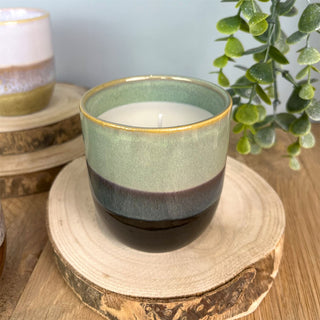 Unscented Candle & Ceramic Holder | White Wax Candle in Ombre Glaze Pot - 10x6cm