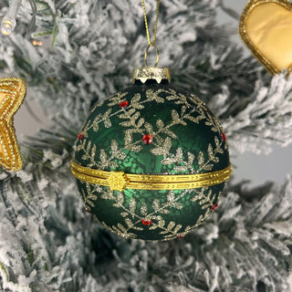 Green & Sparkling Silver Locket Bauble | Christmas Tree Hanging Ornament - 8cm