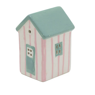 Pink LED Ceramic Beach House | Nautical Striped Beach Hut Ornament | Light-Up Coastal Decoration