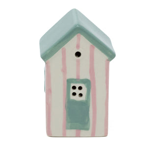 Pink LED Ceramic Beach House | Nautical Striped Beach Hut Ornament | Light-Up Coastal Decoration